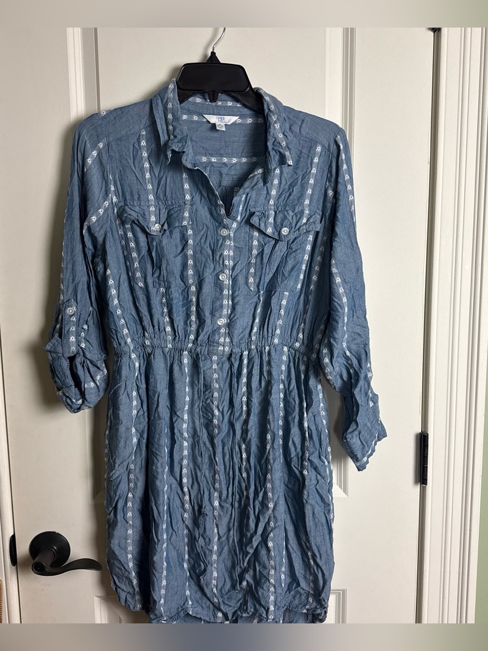 Time and Tru Light Blue Embroidered Mini Shirt Dress